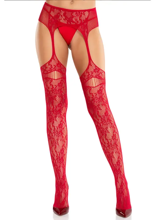 Net Stockings with Attached Garter Belt – Red – One Size