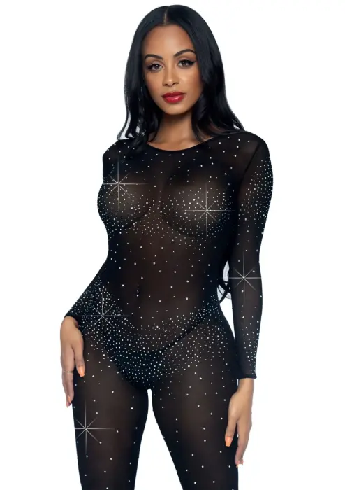Прозрачный костюм catsuit со стразами – чёрный – XS