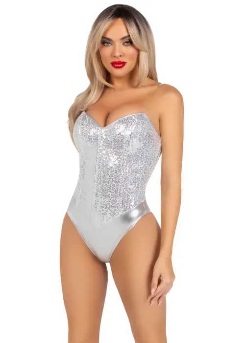 Sequin Boned Bodysuit – Silver – S