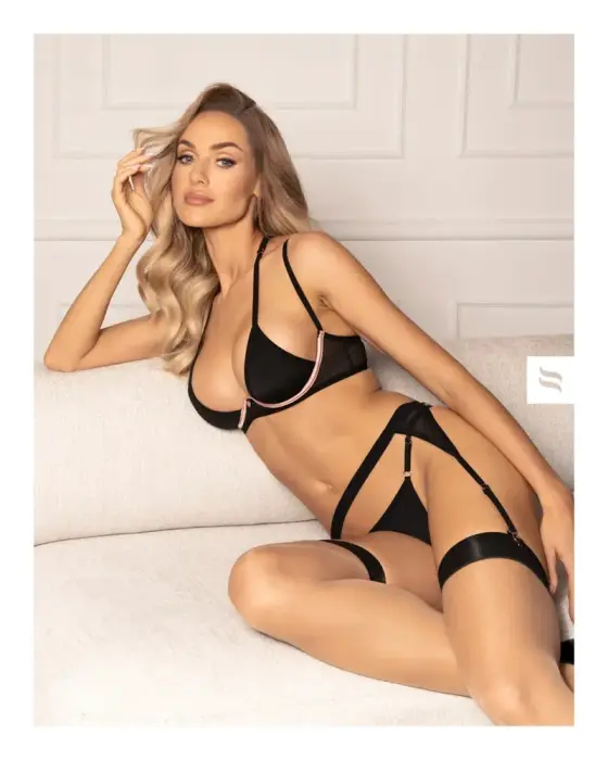 Obsessive Selinne 3-daļīgs apakšveļas komplekts – melns/rozā – XL/2XL Foto 3