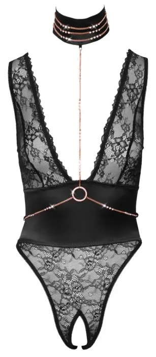 Abierta Fina Lace Bodysuit with Rhinestone Chains – Black – S Photo
