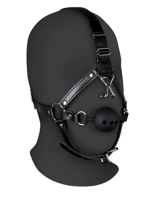 Head Harness with Breathable Ball Gag and Nose Hooks – Black