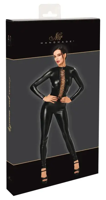 Noir Handmade – wetlook jumpsuit with lacing and 3-way zip – black – XL
