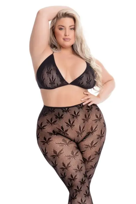 All About Leaf – bra top and footless legging set with hemp leaf embroidery – black – plus size
