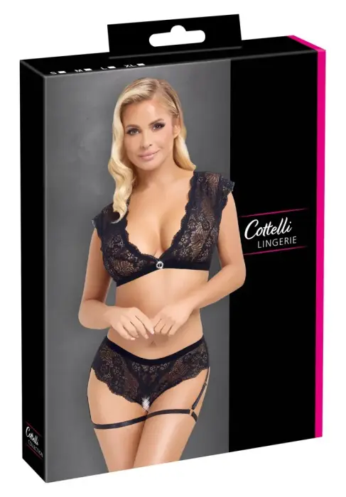 Cottelli LINGERIE Lace Set with Top and Crotchless Briefs – Black – S