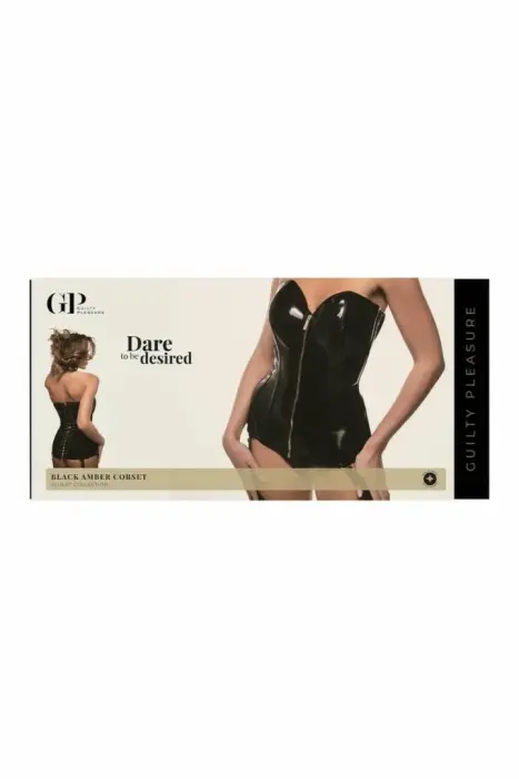 Guilty Pleasure Black Amber Corset – корсет из Datex с золотой молнией спереди, шнуровкой сзади и съёмными бретелями – чёрный – Размер: S