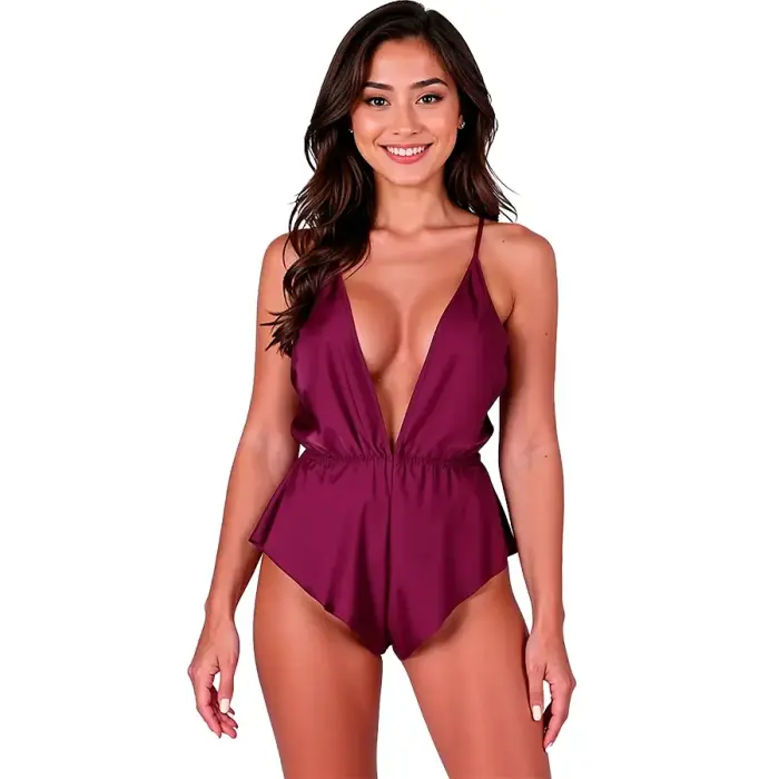 Passion Sensie – satin bodysuit with open back – plum – L/XL