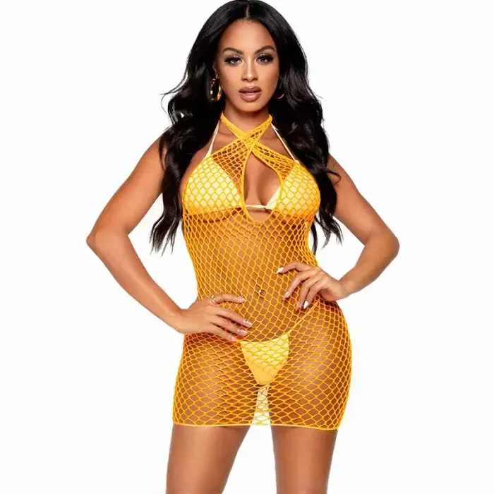 Leg Avenue Net Crossed Mini Dress – Orange – One Size