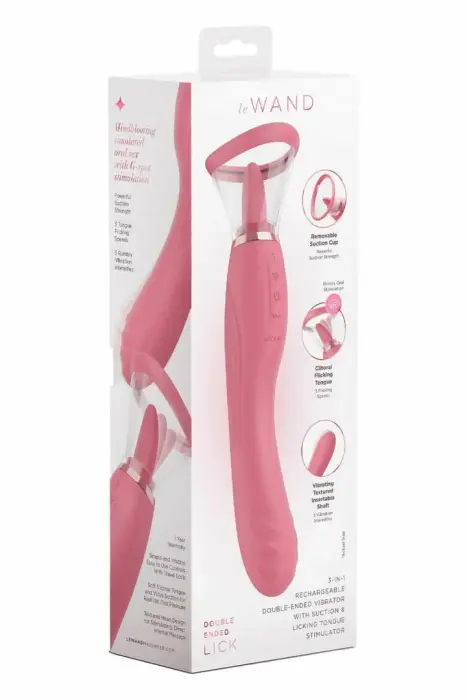 Le Wand Lick 3-in-1 divpusējais vibrators ar laizošo mēli – divpusējais vibrators – silikons – G-punkts + mēle – rozā