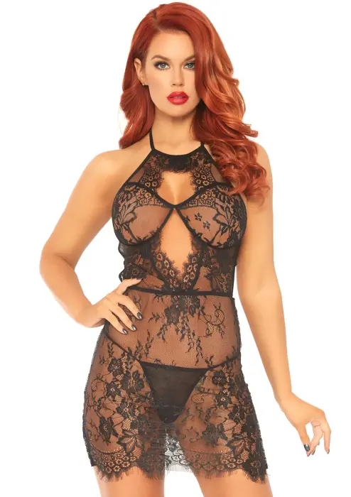 Dress with Scalloped Lace and String – Black – M