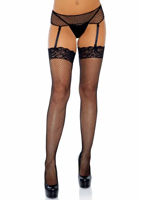 Leg Avenue tīkliņa zeķes ar mežģīņu jostu – melnas – One Size