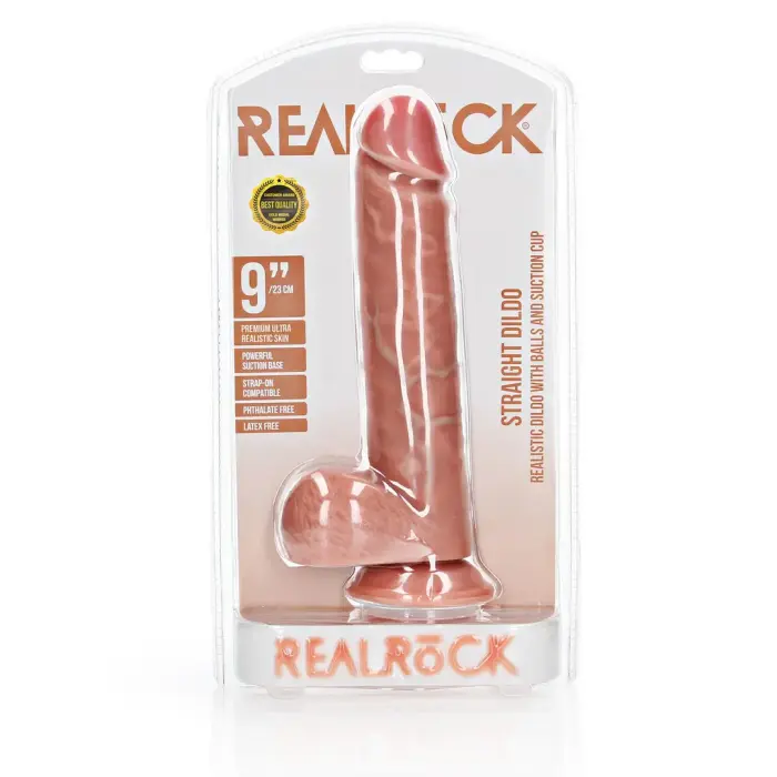 Taisns reālistisks dildo ar sēkliniekiem un piesūcekni – 23 cm (9″) – miesas krāsa