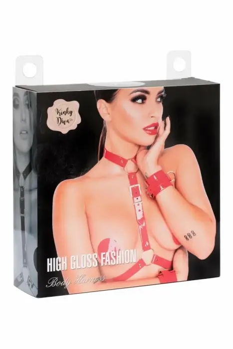 Kinky Diva blizgi dirbtinės odos kūno petnešos – raudonos