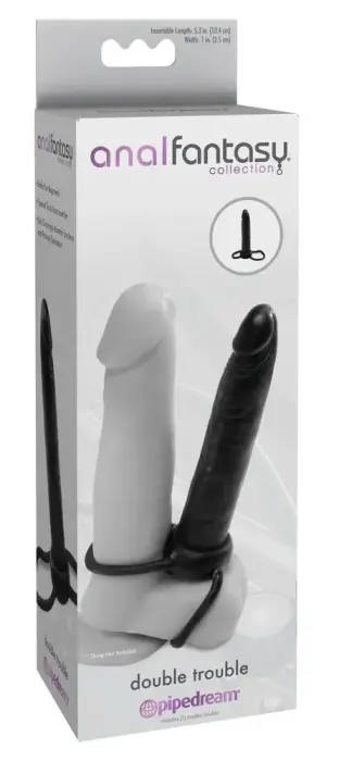 Master Series Double Trouble – dubultais gredzens ar dildo dubultai penetrācijai – melns – 15,3 cm