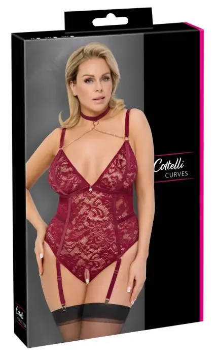 Cottelli CURVES Bodysuit Red 3XL – Elegant Lace & Velvet Suspender Design