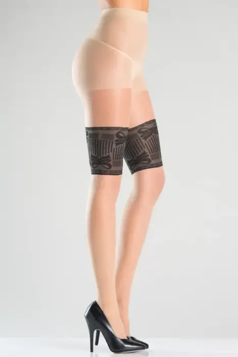 Bow Bands Pantyhose BLK/ND OS - Elegant Lace Top Tights with Backseam