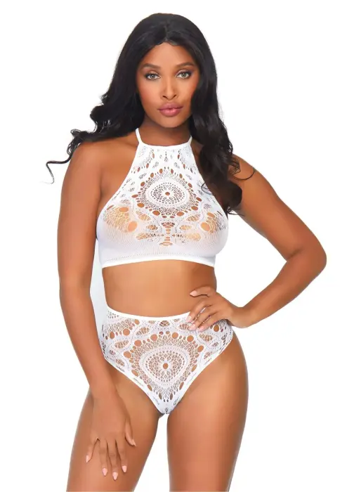 Halter Crop Top and High Waist Thong – White – S/M