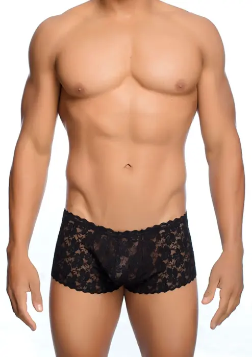 MOB Eroticwear Rose Lace Boxer Shorts – Black – S/M Photo