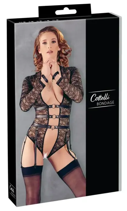 Cottelli Collection Body Lace L with Adjustable Straps & Cuffs Set – Black – L