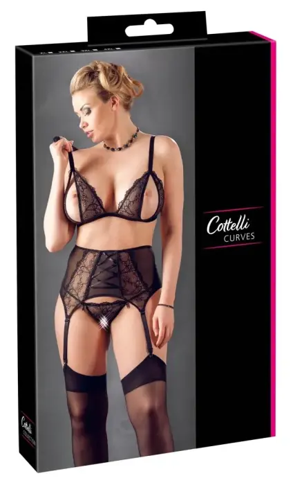 Cottelli Collection Lace Bra & Suspender Set – Black – 4 XL
