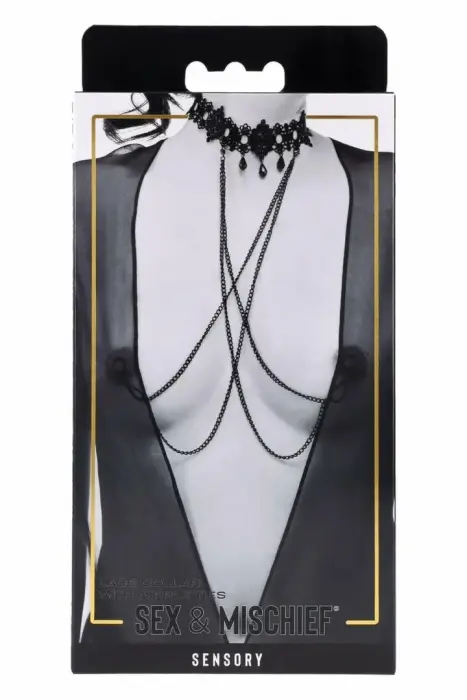 Sportsheets Sex and Mischief – lace collar with adjustable chain ties – black