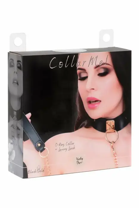 KINKY DIVA O-Ring Collar & Leash Black/Gold Adjustable Vegan Leather