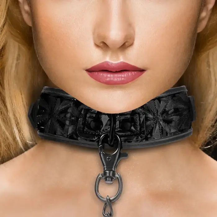 Luxe – neoprene collar and chain leash set – black – 52.5 cm