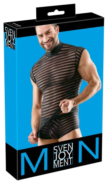 Svenjoyment Men's Transparent Striped Short Sleeve Shirt – Black – XL