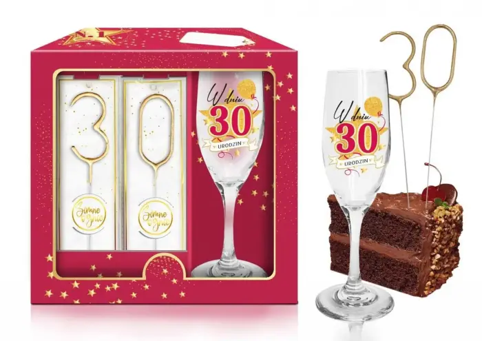 STARS MAGENTA birthday set – champagne glass + "30" sparkler – "W dniu 30 urodzin"