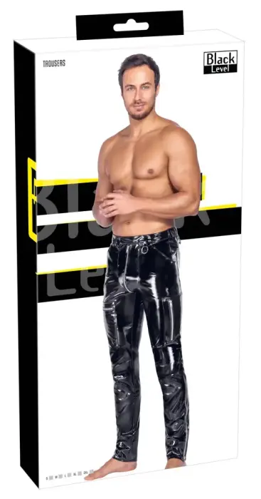 Black Level Men's Vinyl Trousers with Metal Details – Black – S