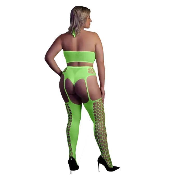 Two Piece Crop Top and Stockings Set – Neon Green – Plus Size Photo