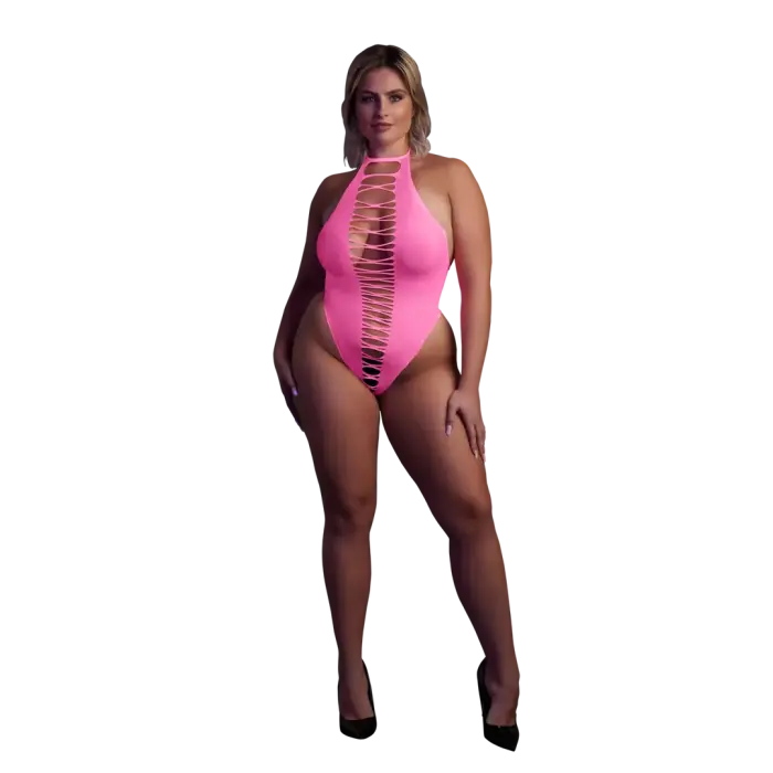 Neon rozā augsta piegriezuma bodijs – Plus size Foto 7