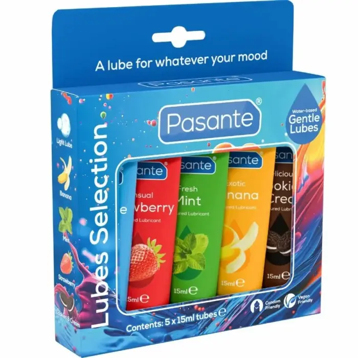 Pasante assorted flavour lubricant set – 5 × 15 ml – water-based, vegan