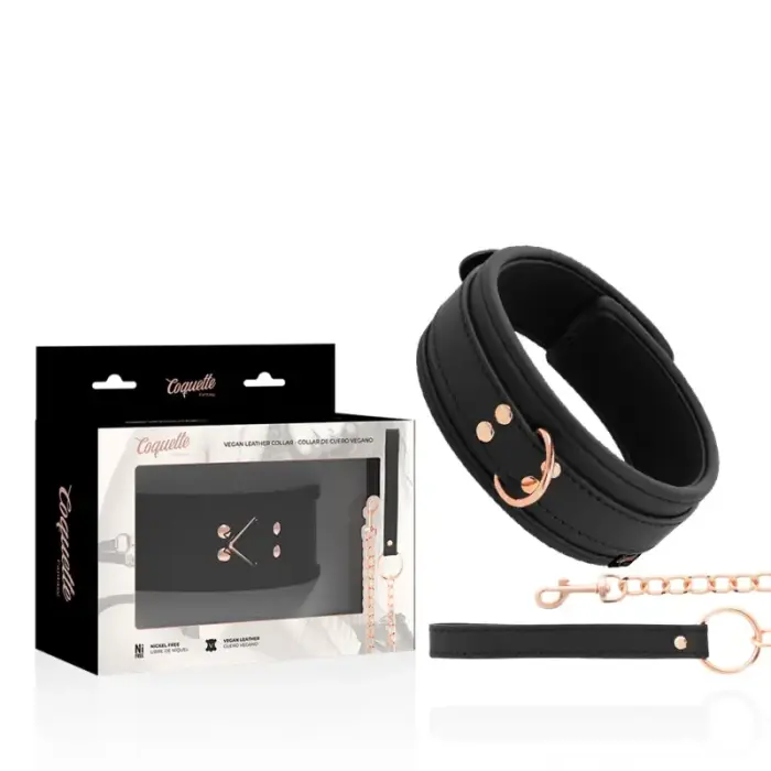 Coquette Chic Desire Vegan Leather Collar with Metal Chain – Black