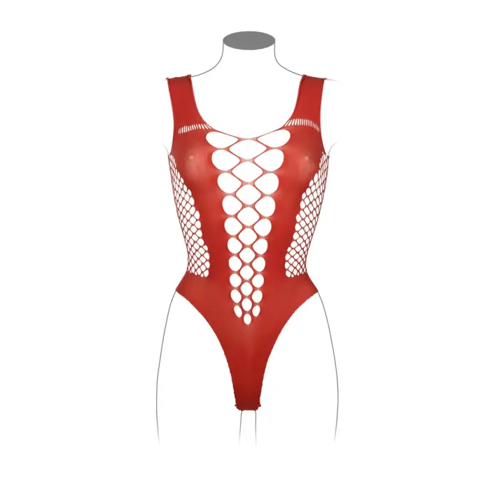 Bodijs ar dziļu V-izgriezumu un necaurspīdīgiem dekoriem – sarkans – One Size Foto 9