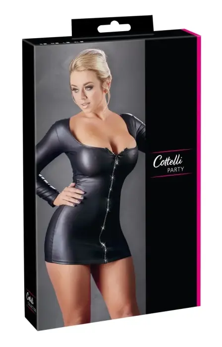 Cottelli Collection Mini Dress with Sparkling Front Zip – Black – L