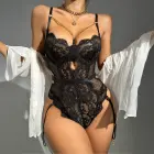 Sheer Lace Cut-out Bodysuit with Neckline Chain – S/M – Black — Photo 2