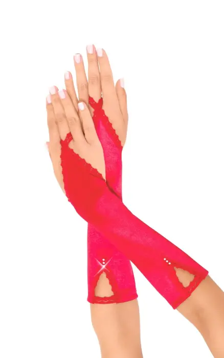 Long Satin Gloves with Lace Trim and Rhinestones – Red – S/L