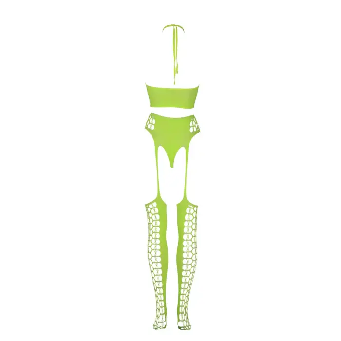Two Piece Set with Crop Top and Stockings – Neon Green – One Size Photo