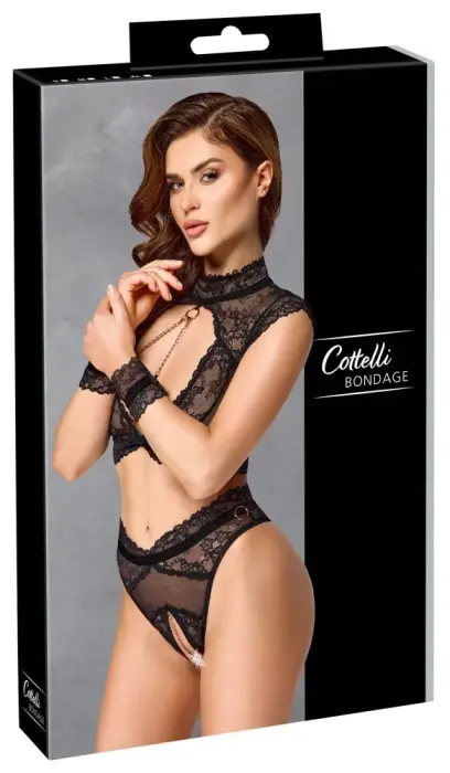 Cottelli BONDAGE lace bra & crotchless high-waist briefs with lace handcuffs – black – M