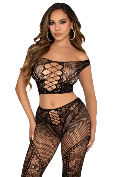 Off-Shoulder Crop Top and Legging Set – Black – One Size
