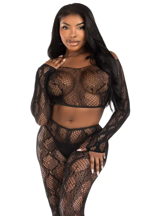 Python Crop Top & Footless Tights – Black – One Size