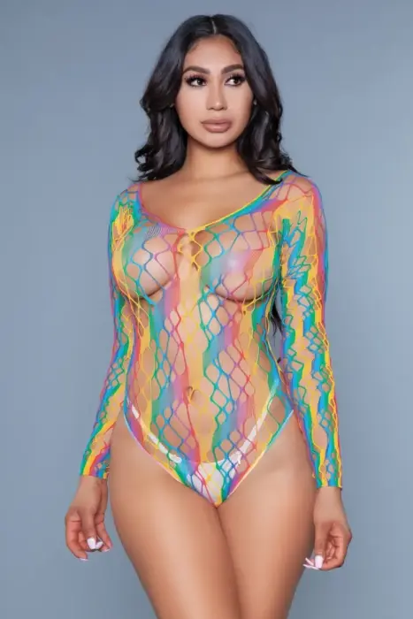 Let Me Love You Bodysuit RBW OS - Rainbow Mesh, Off-Shoulder, One Size
