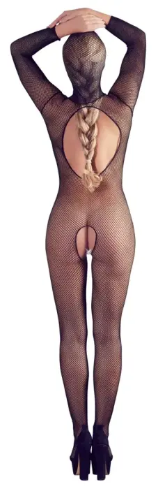 Tīkliņa catsuit ar masku un atvērtu starpkāju – melns – S/L Foto 4