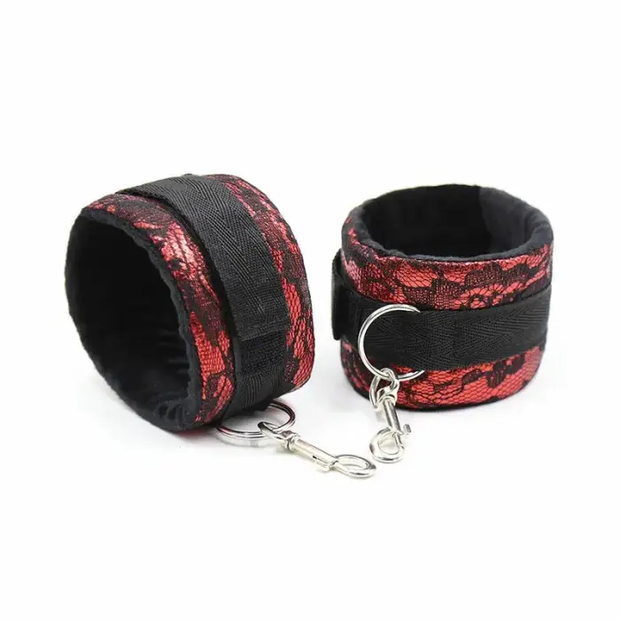 OHMAMA Velvet Handcuffs with Adjustable Nylon Tape – Red-Black