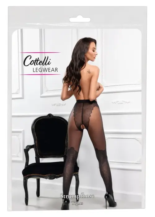 Cottelli LEGWARE колготки с открытой промежностью и имитацией чулок выше колена – чёрные