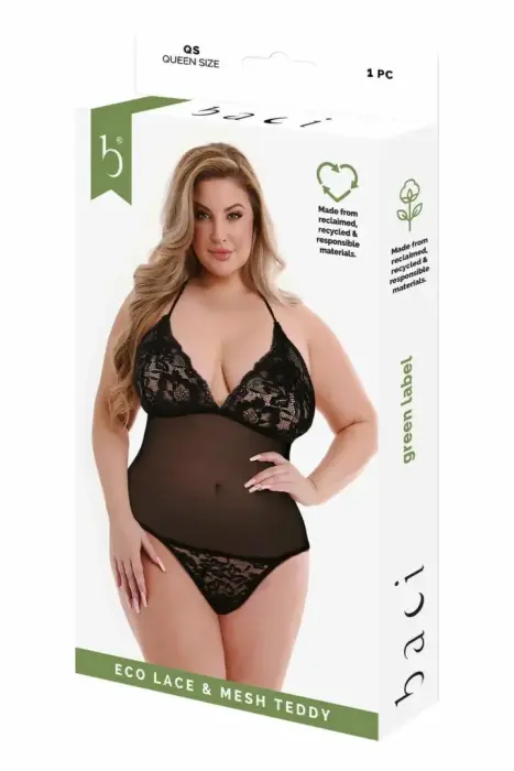 Baci Eco Lace & Mesh Bodysuit – Black – Queen Size