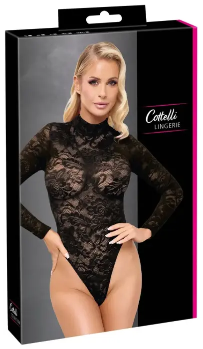 Cottelli LINGERIE Lace Body Black 2XL – Elegant Long Sleeve Bodysuit