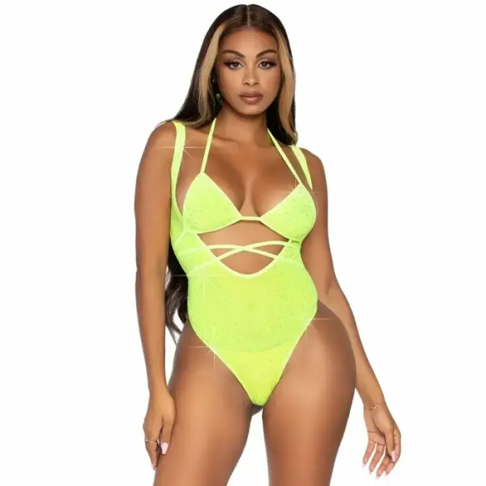 Leg Avenue Rhinestone Mesh Bikini Top & Suspender Bodysuit – One Size