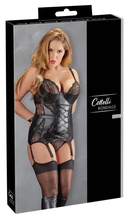 Cottelli Collection Basque Bondage 85D/L Matte & Lace Intimate Set – Black